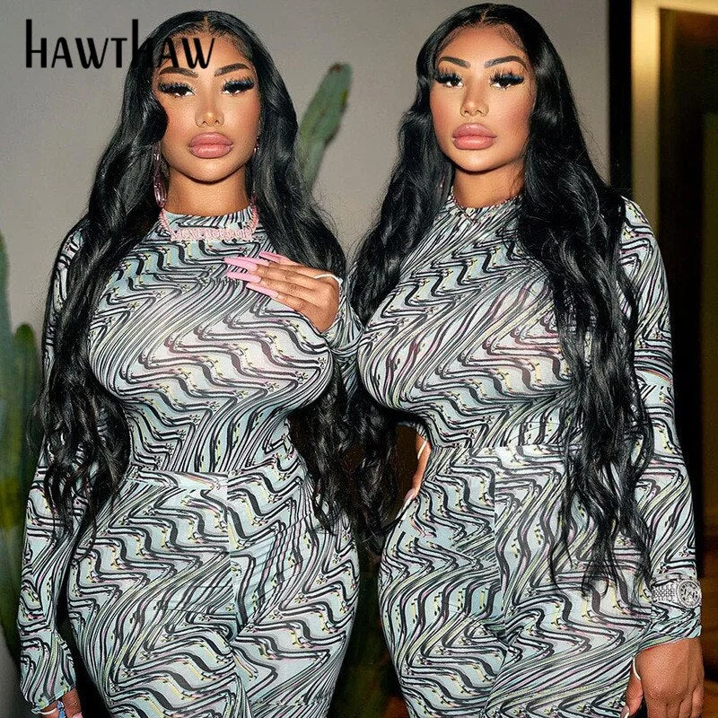 Hawthaw Women Autumn Long Sleeve Tops Long Pants Bodycon Printed Two Piece Set Suit Outfit 2021 Fall Clothes Wholesale Items