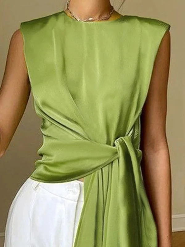 Chic Sleeveless Round-neck Vest Top with Asymmetric Knot Detail