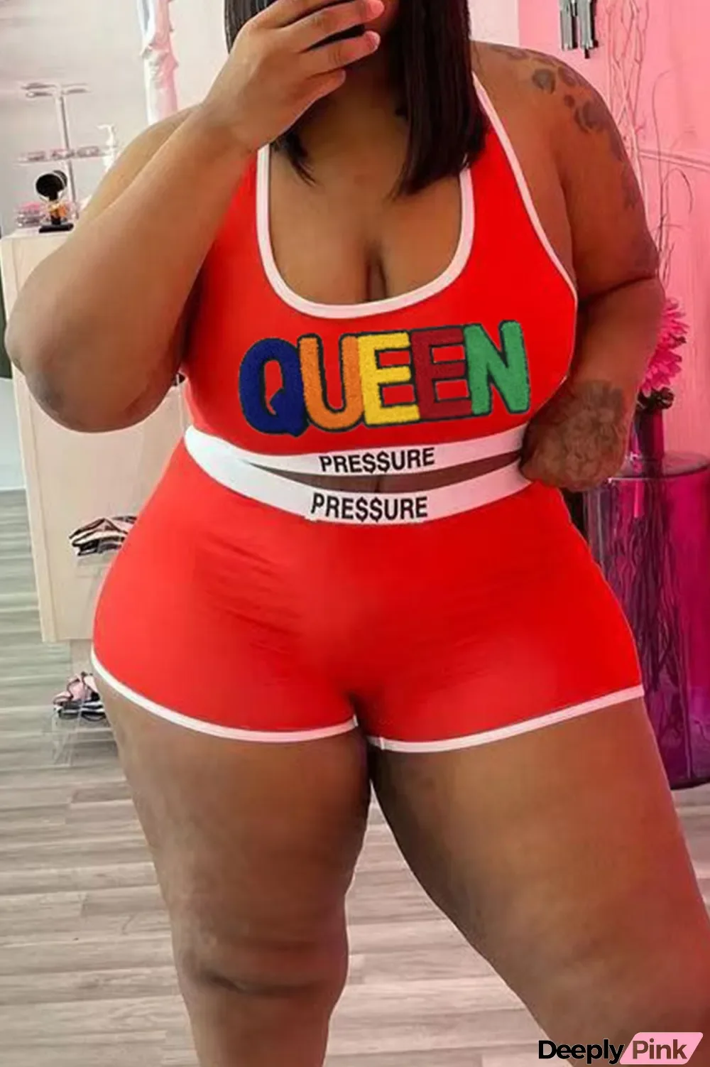 Red Casual Sportswear Solid Embroidered Split Joint U Neck Plus Size Two Pieces