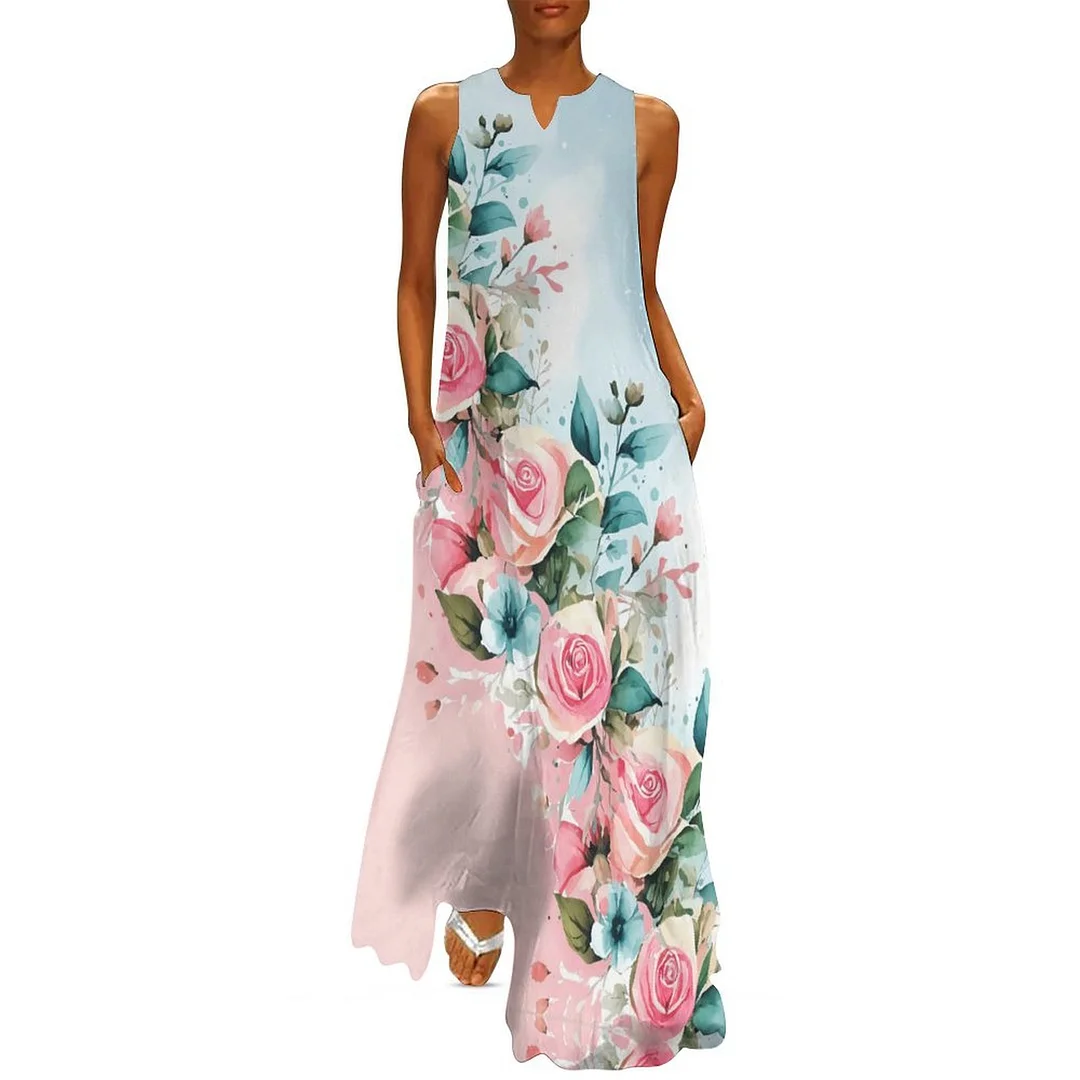 Style & Comfort for Mature Women Plus Size Printed Sleeveless Casual Women Maxi Dress with Pockets in Pattern Pink, Rose, Green, Floral