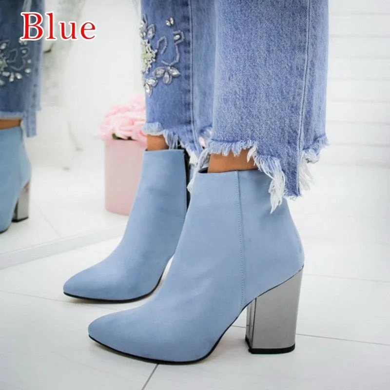 Fashion Chain Women's Boots Leather Heels Back Zipper Woman Boots Pointed High Heels Shoes For Women 2021 Ankle Boots Female