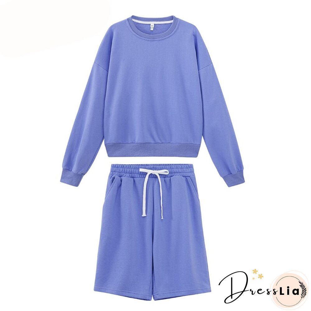 toppies Women Two Piece Set Tracksuits O-neck Sweatshirts Elastic High Waist bermuda shorts solid color