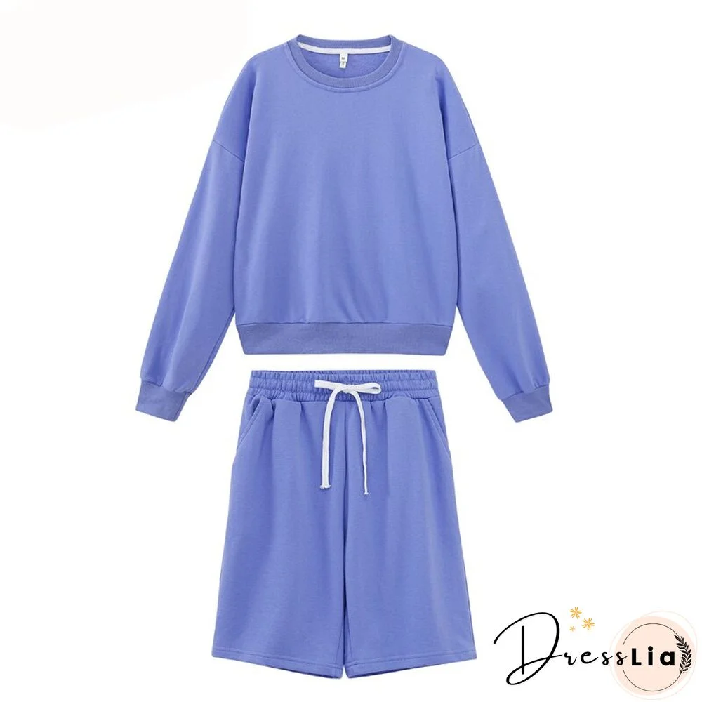 toppies Women Two Piece Set Tracksuits O-neck Sweatshirts Elastic High Waist bermuda shorts solid color