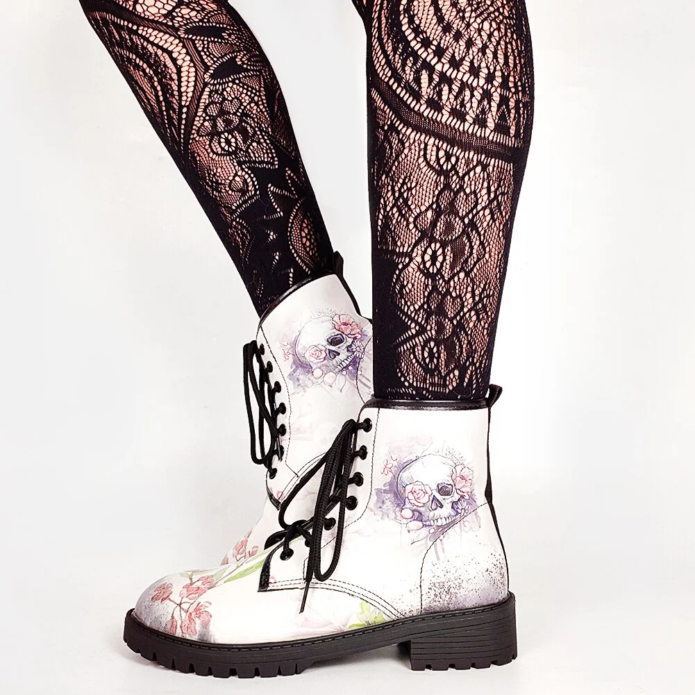 Brand Big Size 43 Cool Skulls Butterfly Rose Flowers Printed Gothic Style Ankle Booties Fashion Boots Street Women Shoes