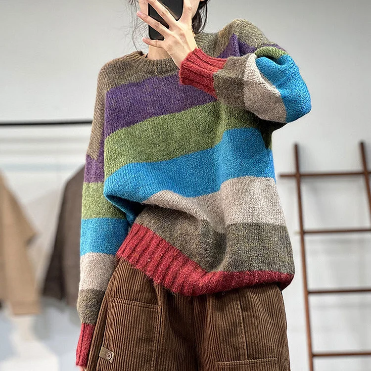 Rainbow Striped Knit Insulated Crewneck Sweater