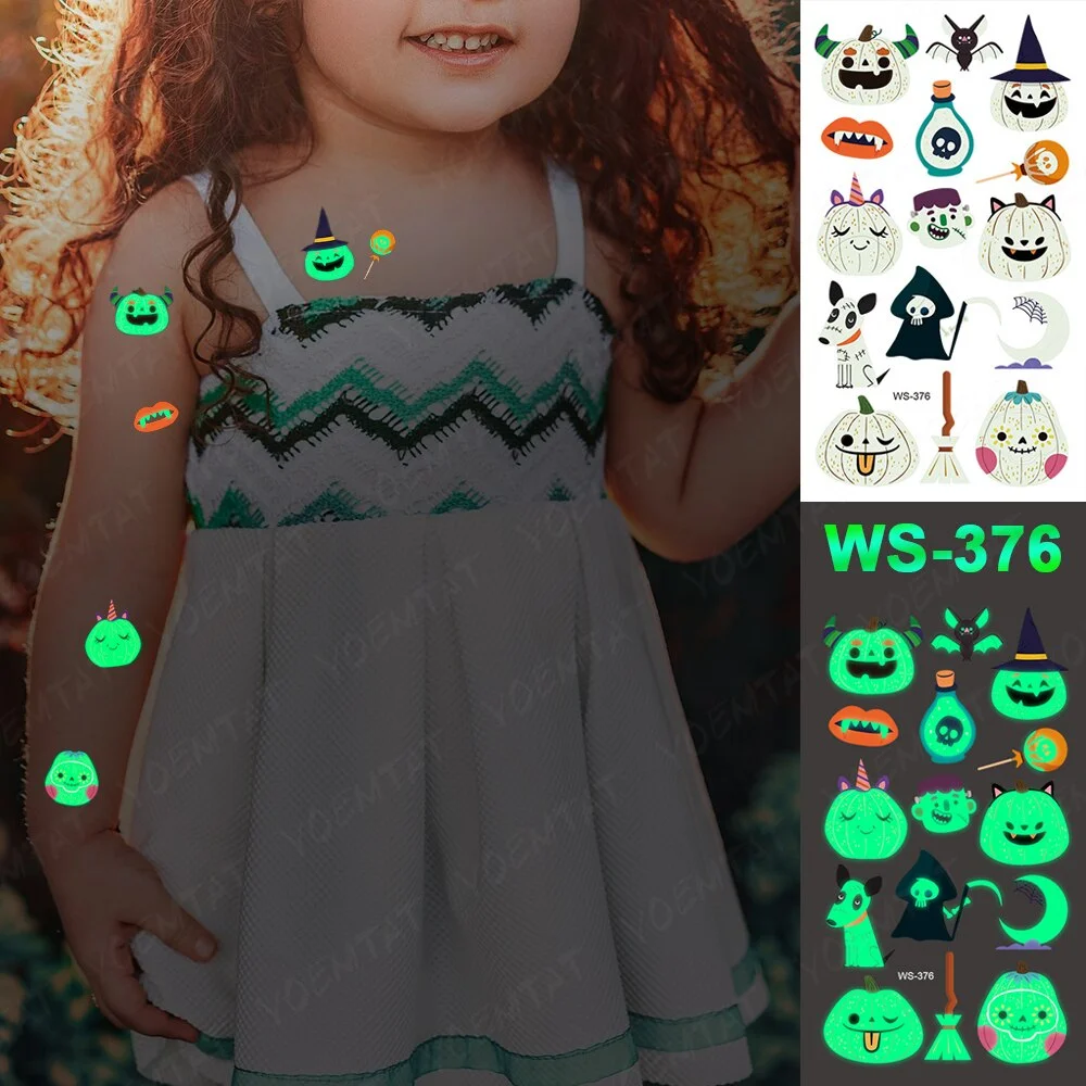 Halloween Party Cartoon Magic book witch Luminous night Tattoo Stickers Elf Ghost Temporary Waterproof Glitter Body Art For Kid