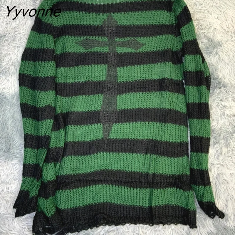 Yyvonne Size Punk Gothic Long Unisex Sweater Dress Cool Hollow Out Hole Broken Jumper Loose Rock Thin Sweter 2023 Women Man Striped 305-0