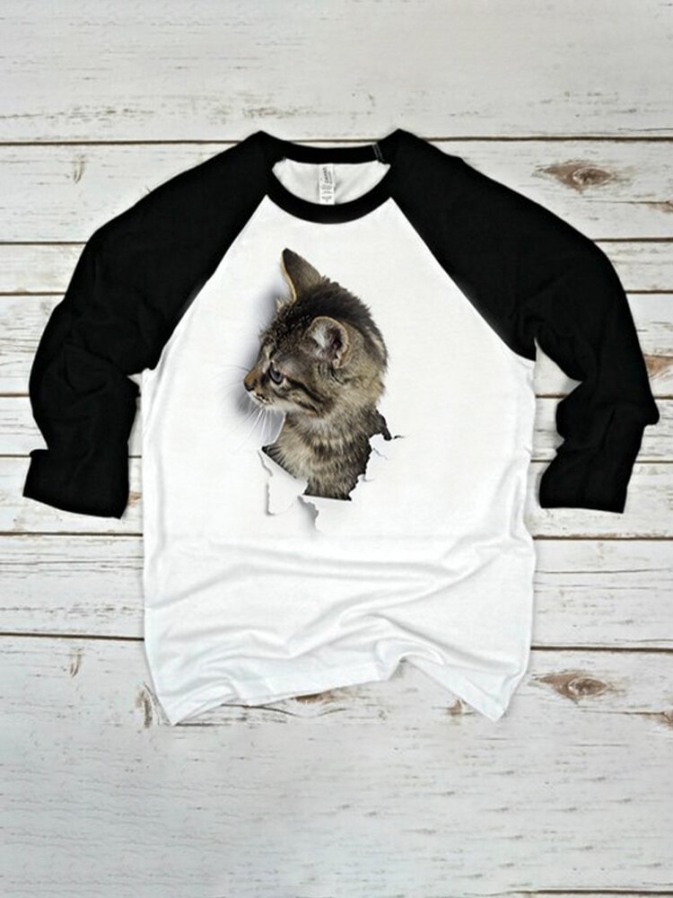 Cat Print Long Sleeves O neck Casual T shirt For Women P1766861