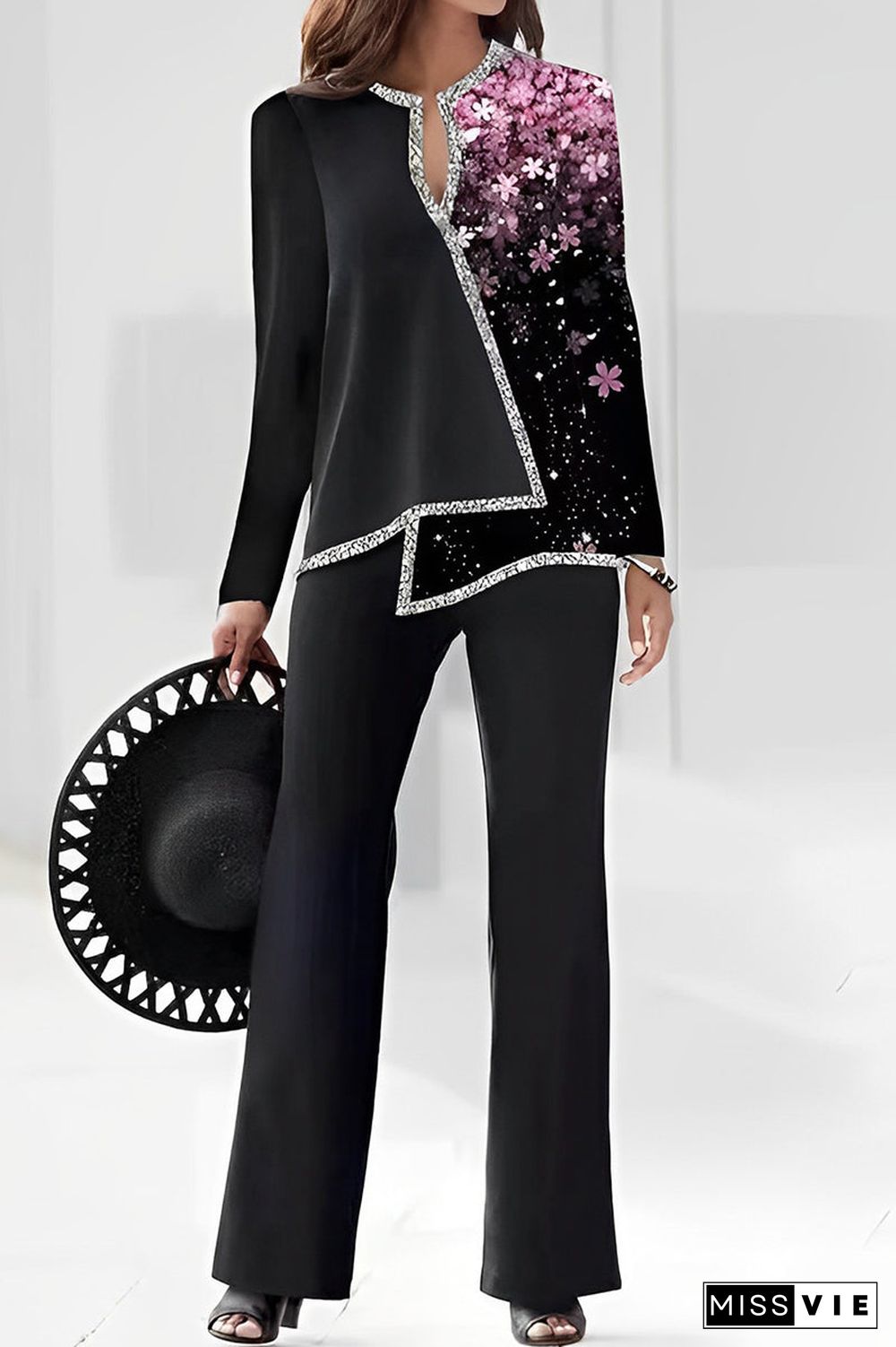Casual Print Asymmetrical V Neck Long Sleeve Two Pieces