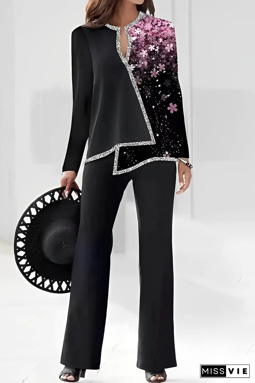 Casual Print Asymmetrical V Neck Long Sleeve Two Pieces
