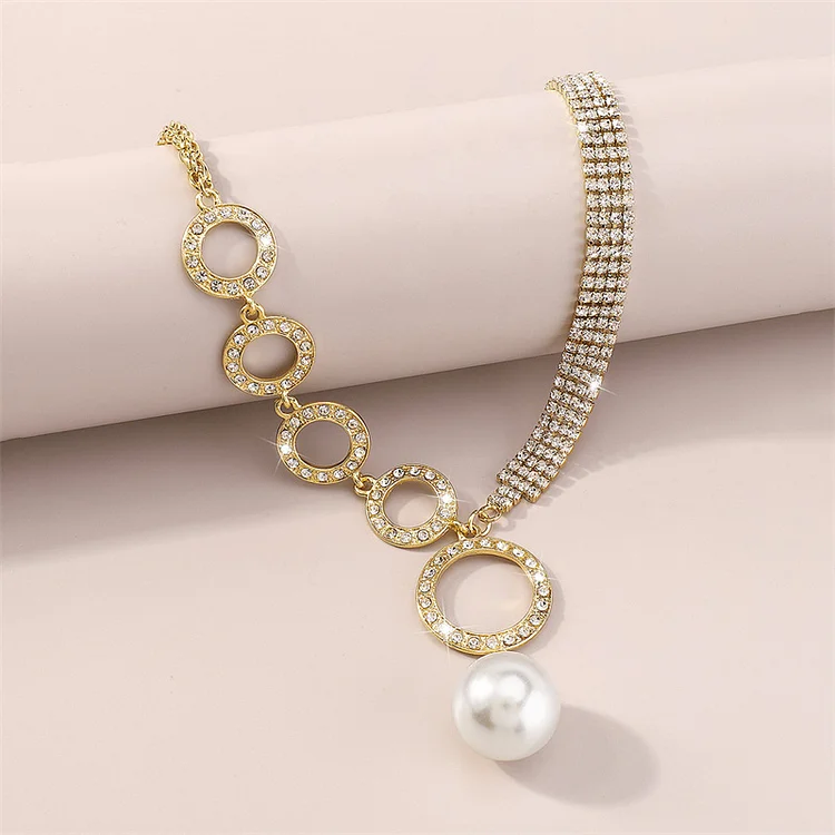 Fashion Golden Faux Pearl Circle Chain Rhinestone Necklace  Flycurvy [product_label]