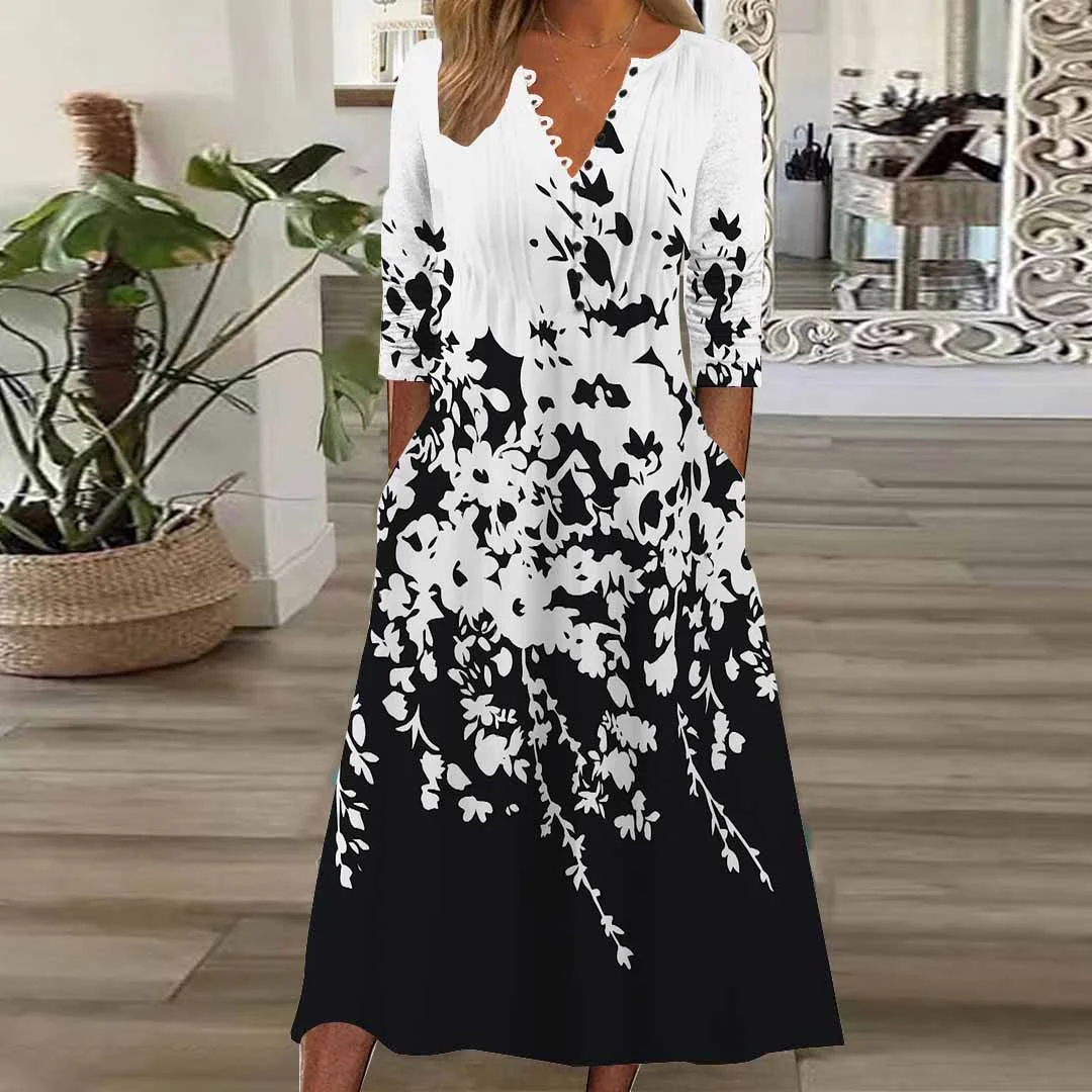 Women Floral,Black DZHB8365 Long Sleeve V-Neck Graphic Printed Midi Dress