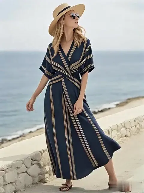 Women'S Loose Striped Print Dress 