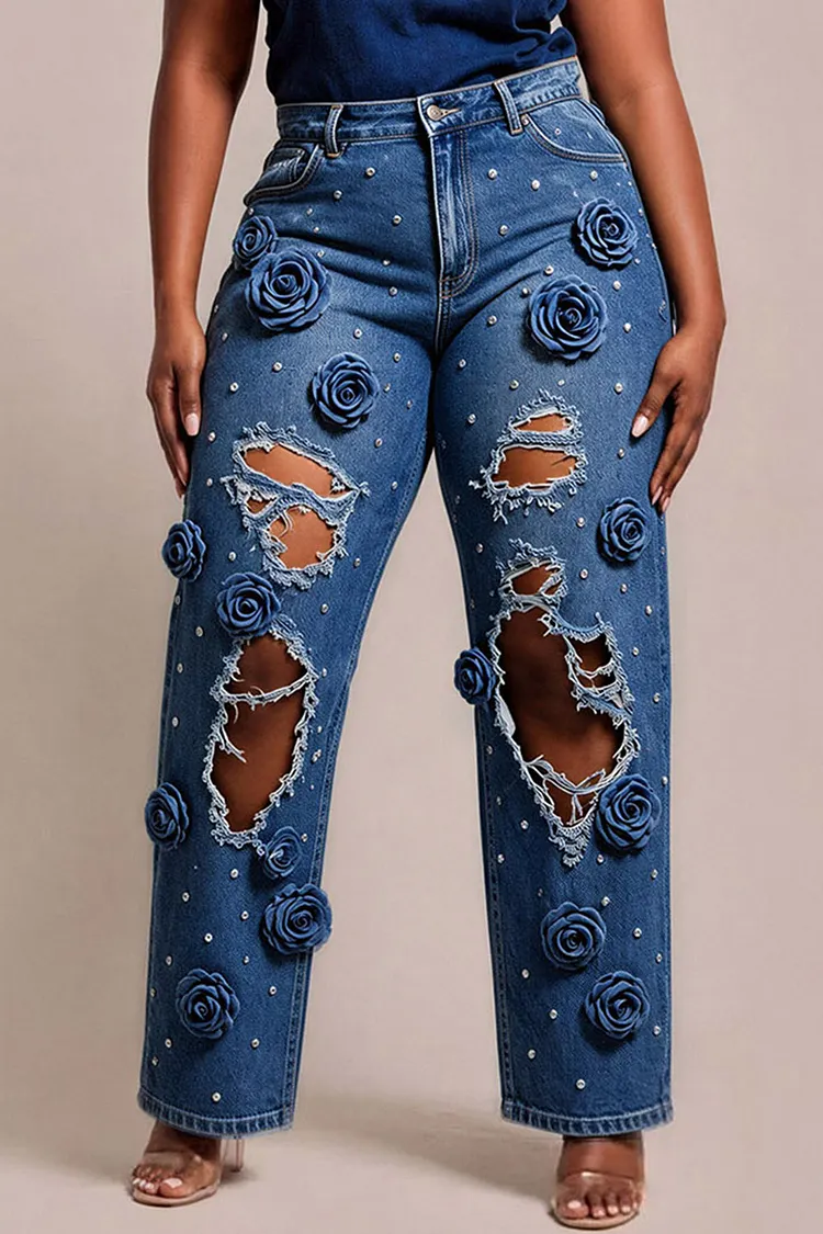 Xpluswear Design Plus Size Party Blue 3D Drilling Denim Jeans [Pre-Order] 2024 - Xpluswear