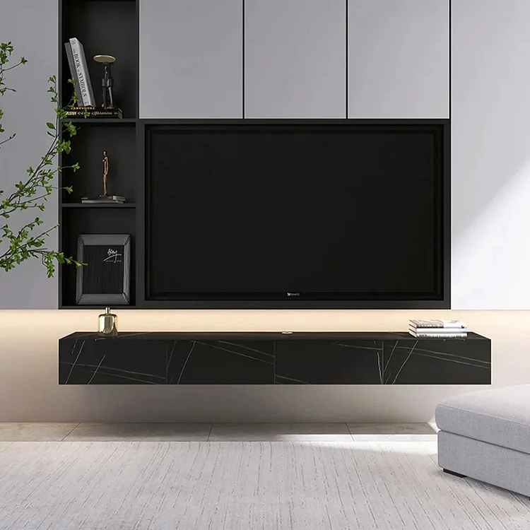 Homemys 86" Modern Wall-mounted Floating Stone TV Stand with Storage
