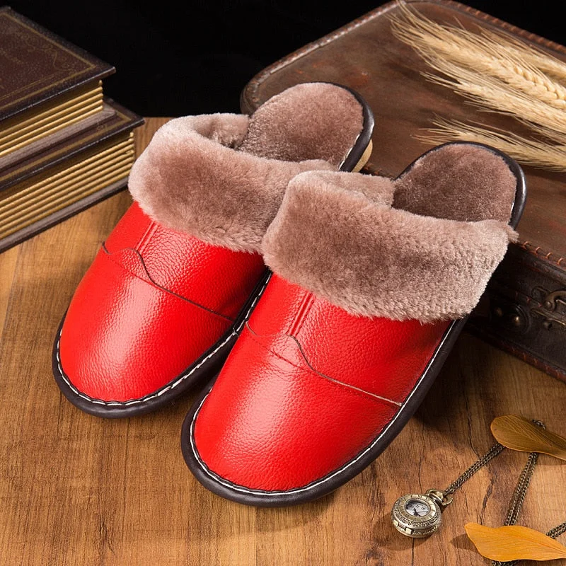 Female Anti-slip Warm Household Slipper Men Leather Slippers In Autumn And Winter Plus Size For 45 Couples Cotton Slippers
