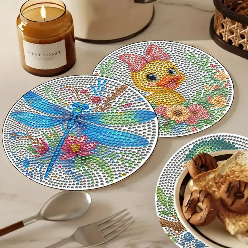 4pcs DIY Animals Wooden Diamond Painting Placemats with Holder