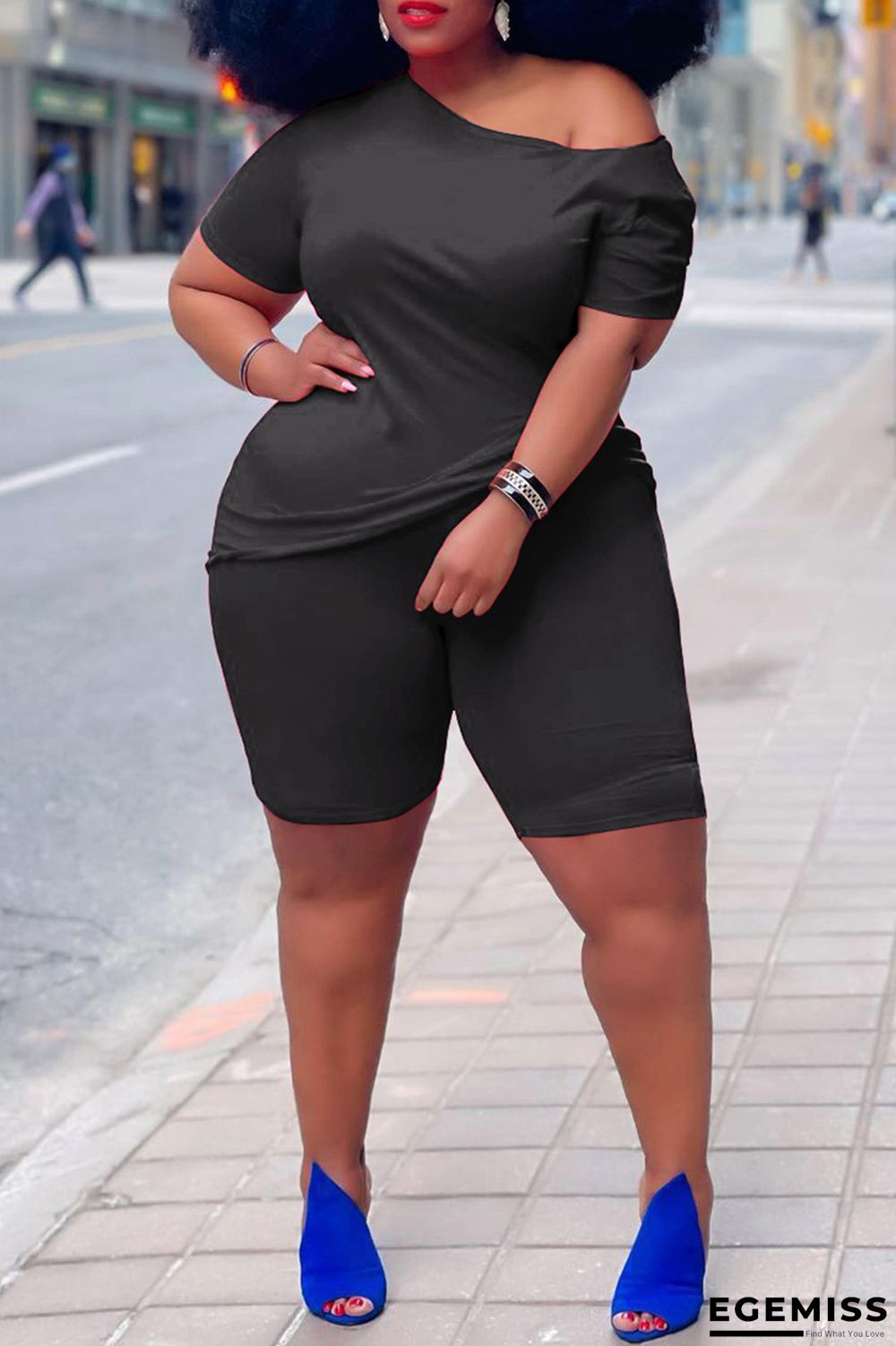 Black Fashion Casual Solid Basic Oblique Collar Plus Size Two Pieces | EGEMISS