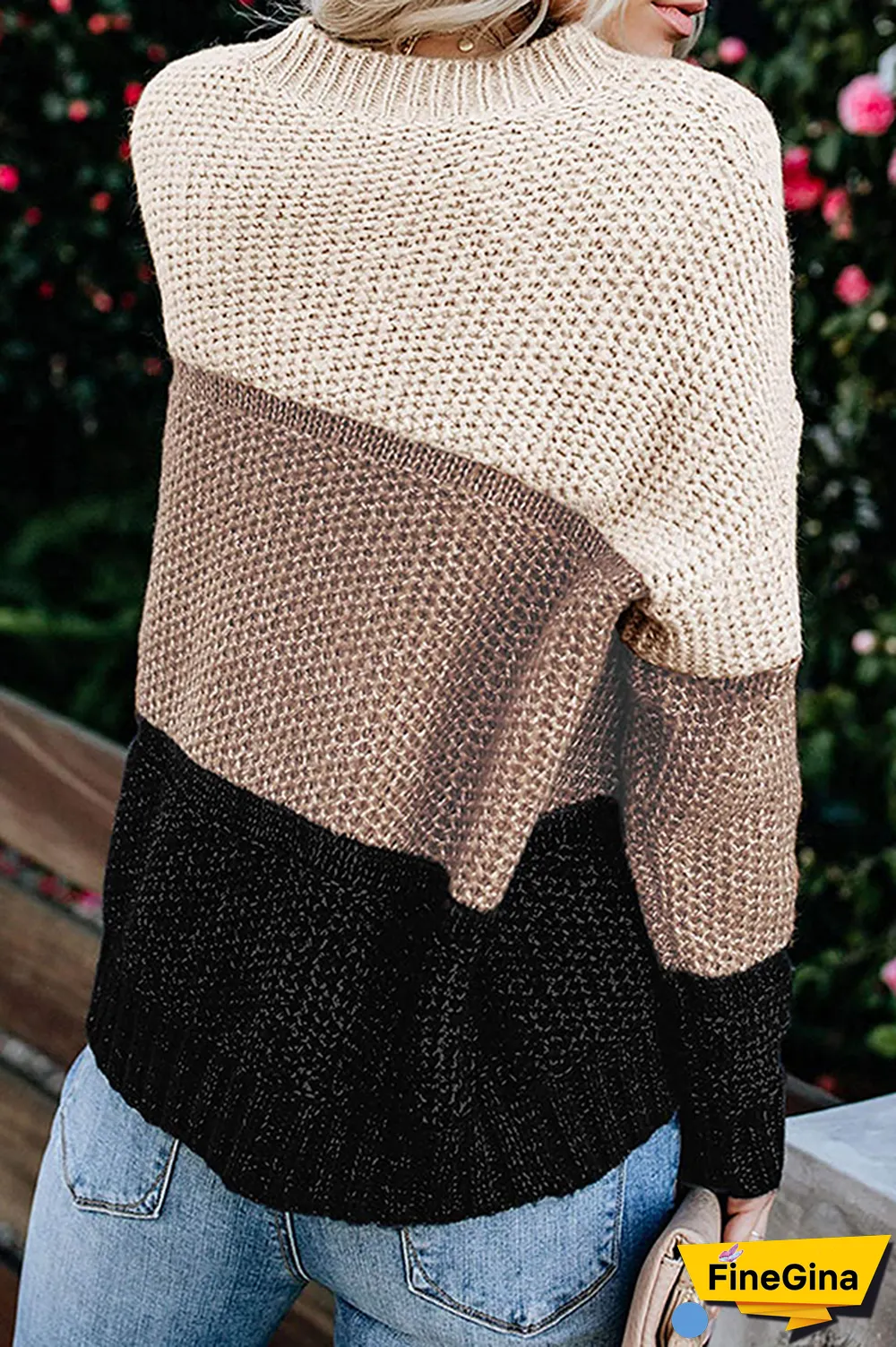 Casual Patchwork Basic  Contrast O Neck Tops Sweater