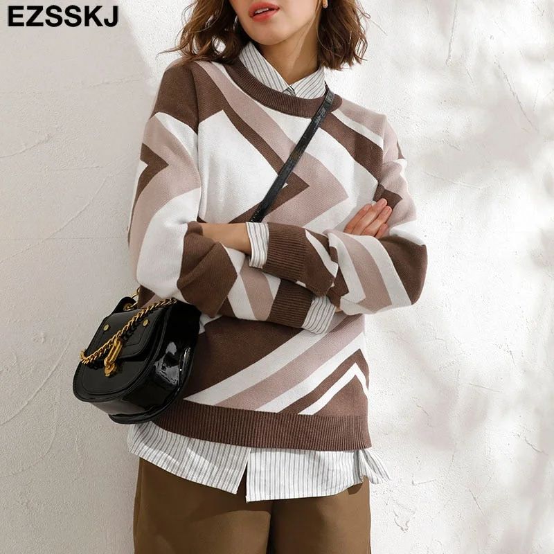 Autumn Winter O-NECK Argyle Sweater pullovers Women 2021 Female loose outwear  Sweater Pullover female