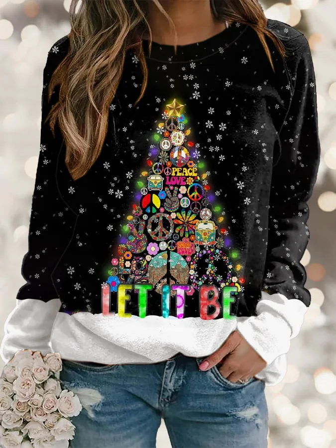 Women's Hippie Christmastree Let It Be Print Long Sleeve Sweatshirt
