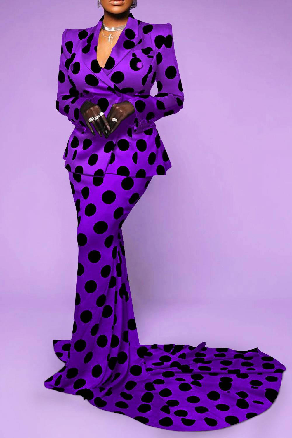 Plus Size Mother Of The Bride Skirt Sets Elegant Purple Polka Dot Spring Summer Turndown Collar Long Sleeve Mermaid Satin Two Piece Skirt Sets [Pre-Order]