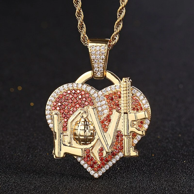 Hip Hop Iced Out Grenade Gun Love Heart Pendant Necklace Jewelry-VESSFUL