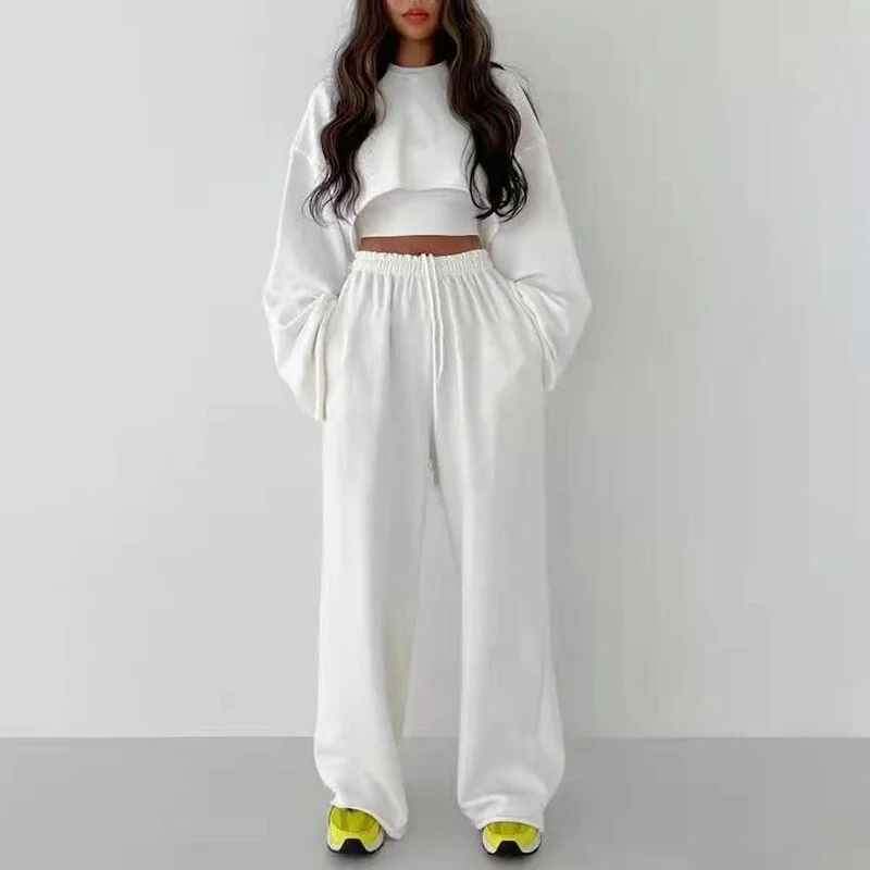 Brownm TWOTWINSTYLE White Three Piece Set For Women O Neck Long Sleeve Tops Sleeveless Vest Wide Leg Pants Female Casual Sets 2022 New