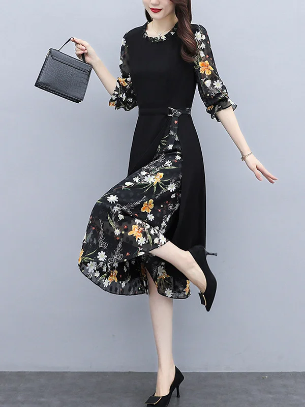 Urban Long Sleeves Floral Stamped False Two A-Line Midi Dress