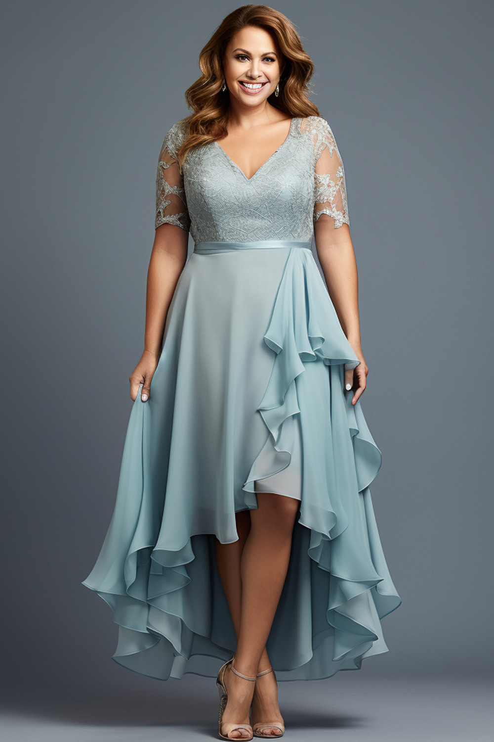 Flycurvy Plus Size Wedding Guest Light Blue Chiffon Lace Layerd High Low Hem Maxi Dress