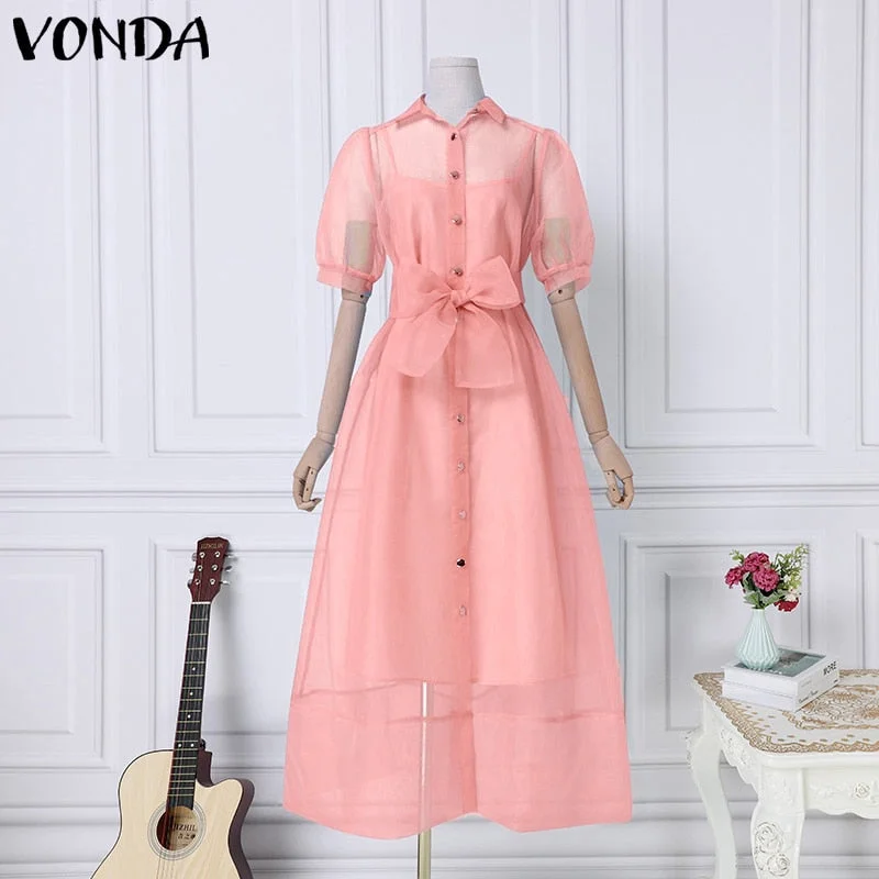 Elegant Robes Women Summer Pleated Puff Sleeve Loose Dresses VONDA Casual Lapel Collar Button Up Baggy Vestido Oversize Sundress