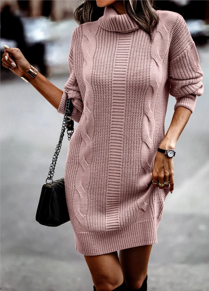 Toloer Toloer Autumn And Winter New Clean Color High Collar Long Sleeve Wrapped Hip Sweater Women's Dress-Outfit Ideas