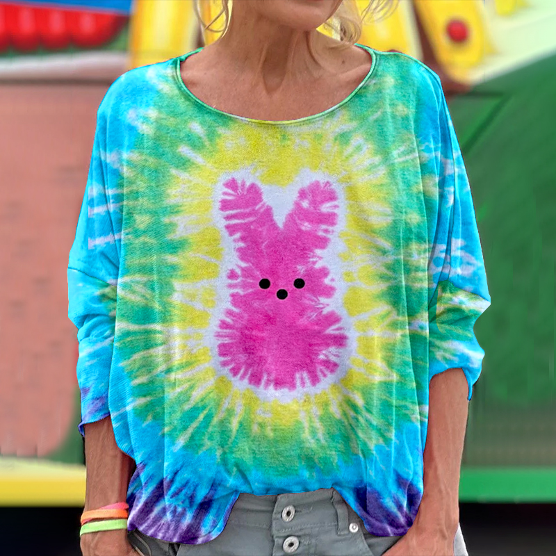 Comstylish Women's Easter Peep Tie Dye Colorful Tie Dye Hippie Vibe Print Long Sleeve T-shirt