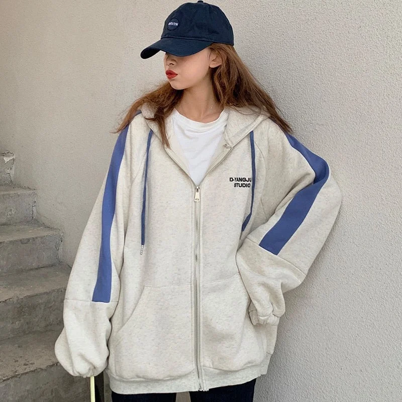 Harajuku Long Sleeve Zip Up Hoodies Women Spring Autumn Korean Fashion Female Clothes Jacket Top Oversized Hooded Sweatshirts