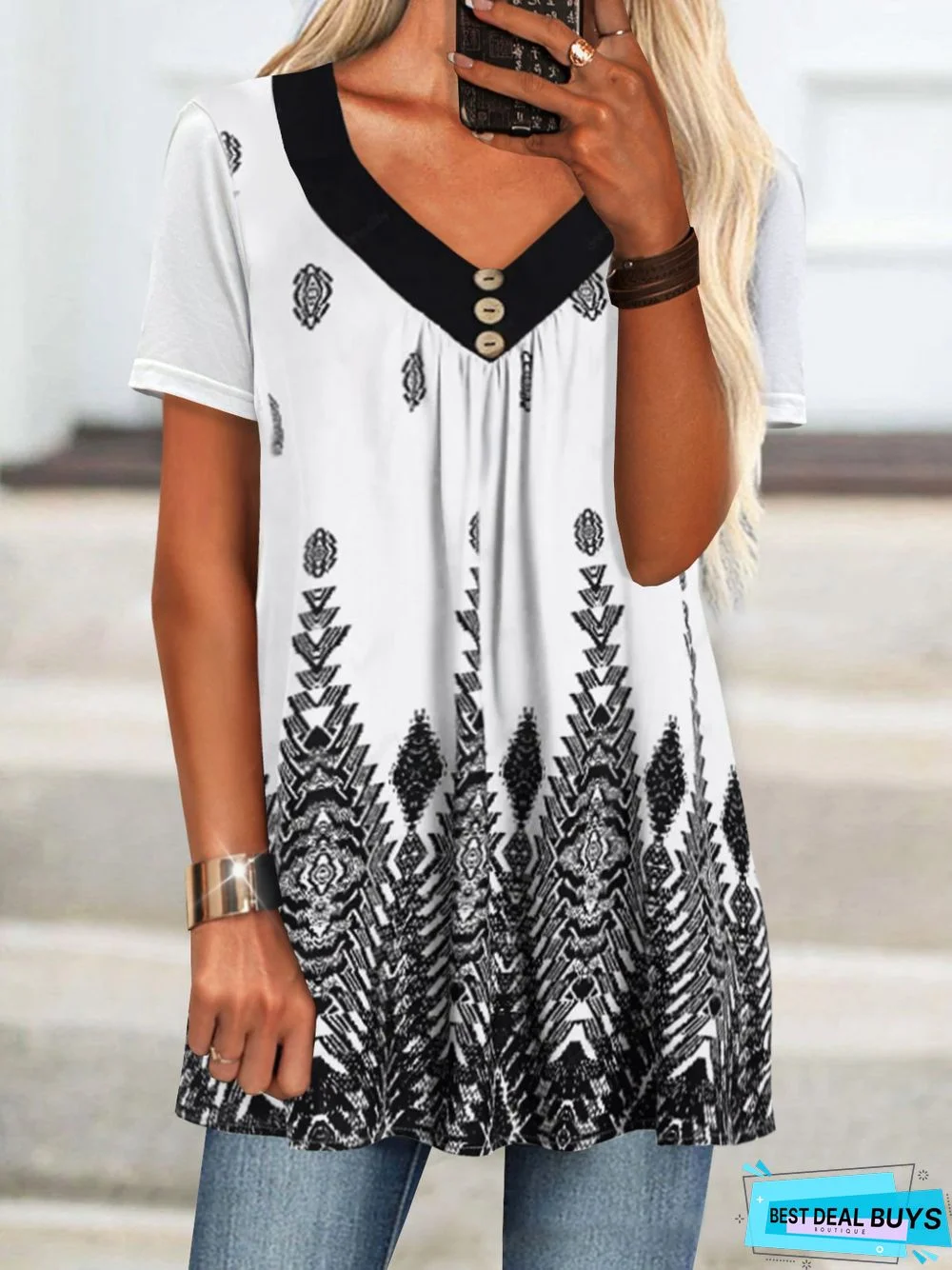 Geometric Tribal Printed Casual V Neck Loosen Plus Size Short Sleeve T-Shirt