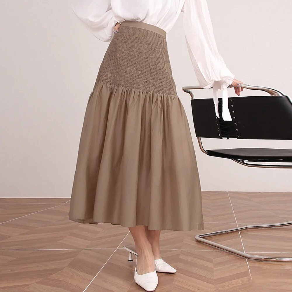 Toloer Vintage Patchwork Midi Skirt For Women High Waist Loose Ruched Solid Long Skirts Female Summer Clothing Style New