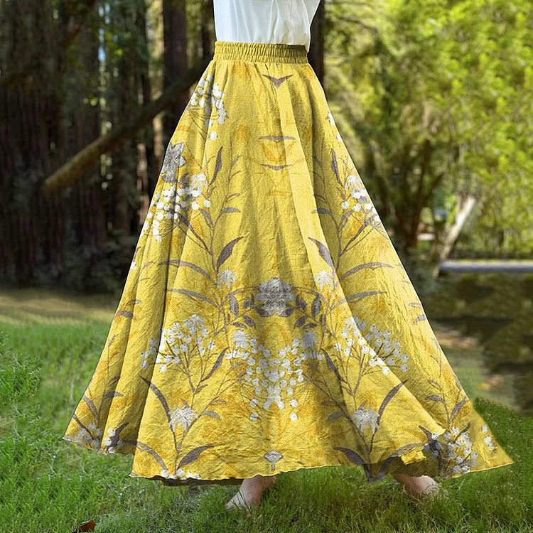 VChics Vintage  Bohemian Garden Ink Floral Painting Art Linen Blend Skirt