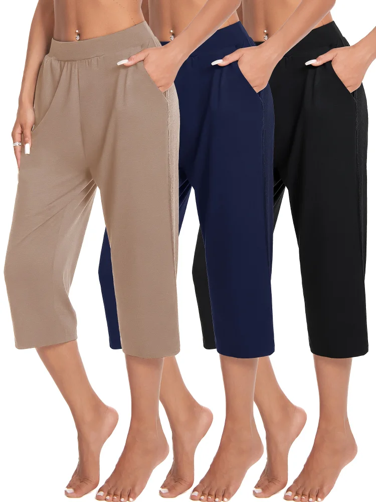 3 Pack Women's Yoga Pants With Pockets - Elastic Fitness Jogging Pants, Suitable For Gym, Pilates And Home Leisure, Loose Cropped Sport Pant