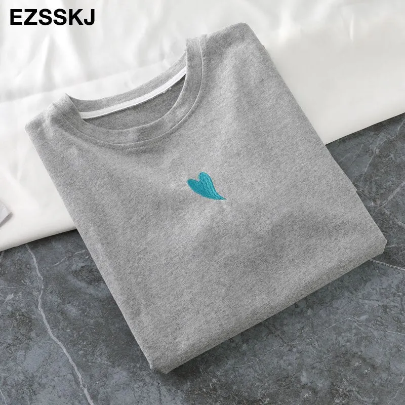 spring summer Women basic heart embroidery T-shirt Casual Loose short sleeve bottom candy color cotton T-shirt  Female Tops