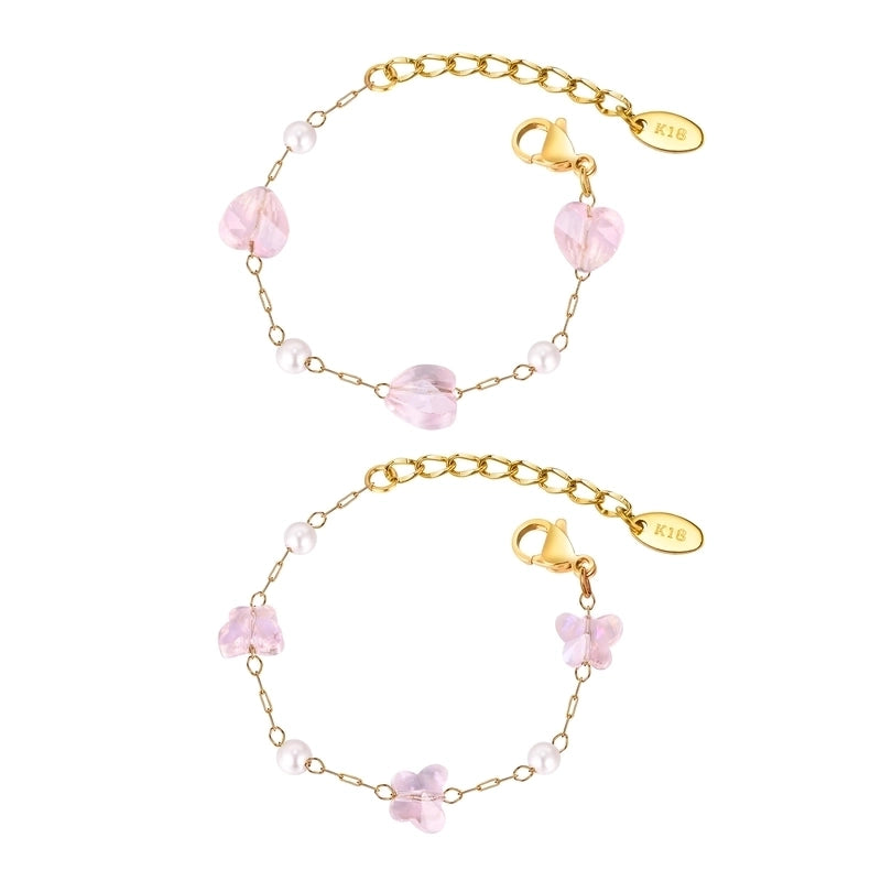 Stainless Steel Plated 18K Gold Chain Pink Butterfly Love Imitation Pearl Children’s Bracelet