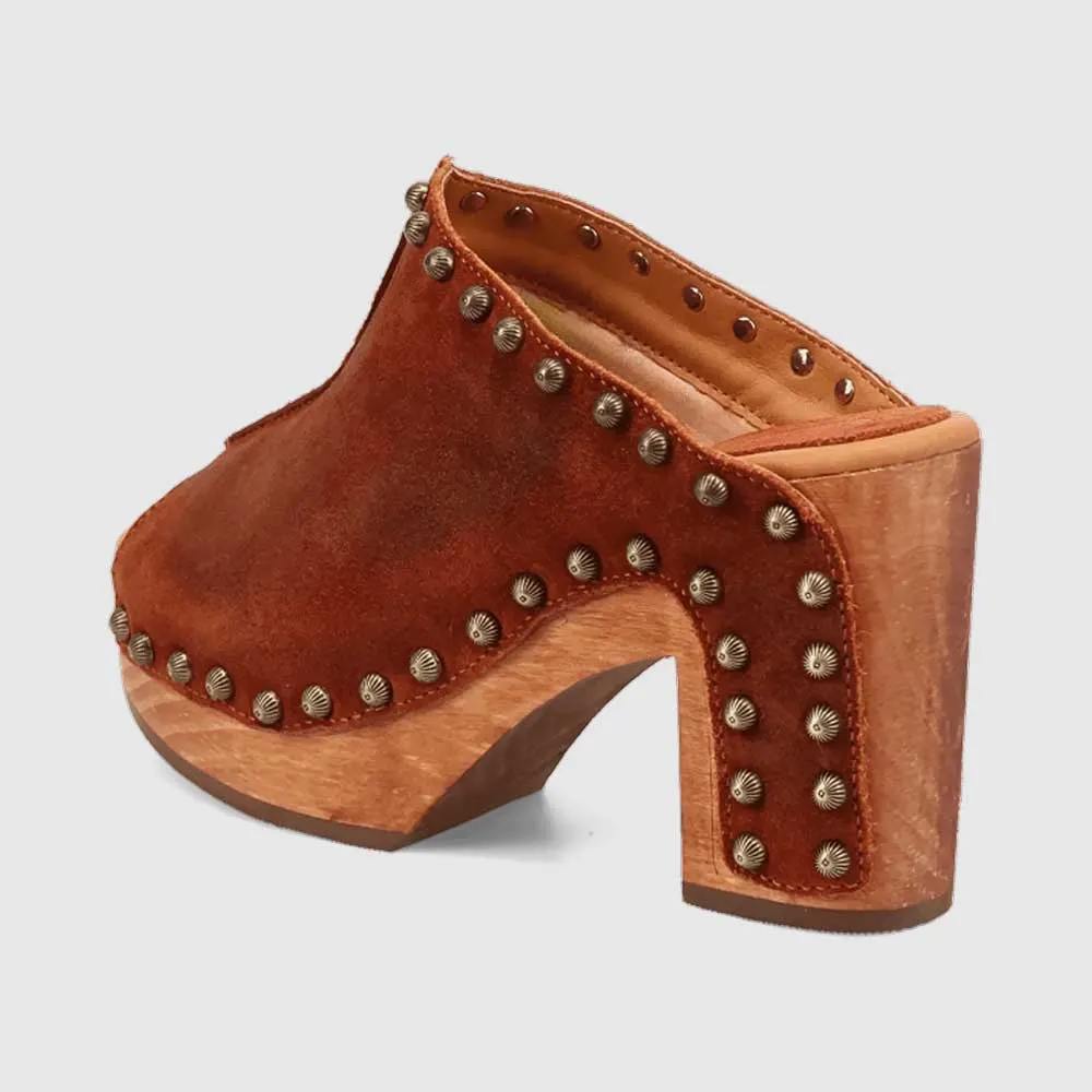 Tan Vegan Suede Studded Wide Strap Platform Women's Heel Sandals