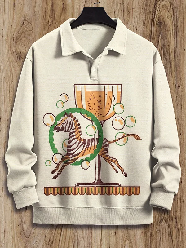 Men's Cocktails Zebra Carousel Art Print Casual Polo Sweatshirt