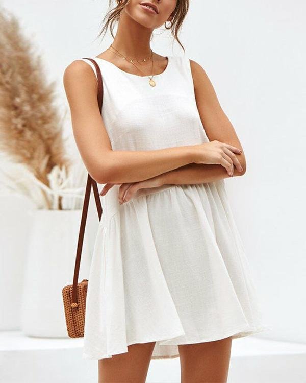 Cotton And Linen Backless Pleated Dress - Chicaggo
