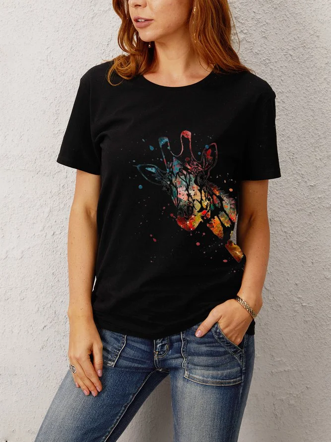 Printed Short Sleeve Cotton-Blend Casual Shirts & Tops