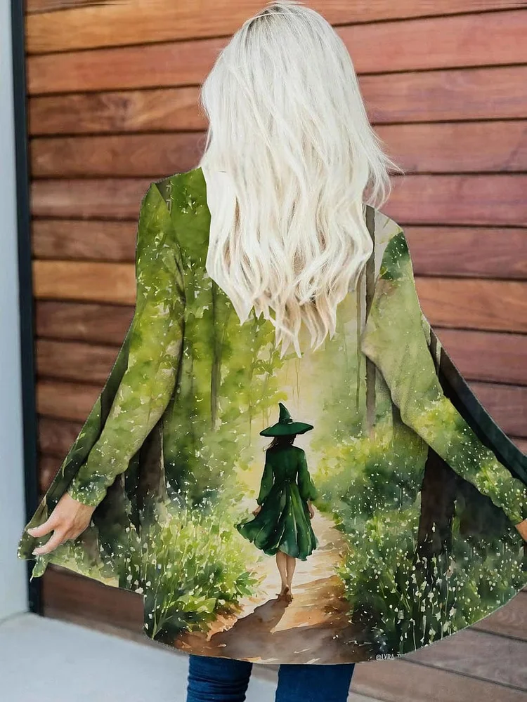 Women's Halloween Art Witch Print Loose Stretch Long Sleeve Cardigan