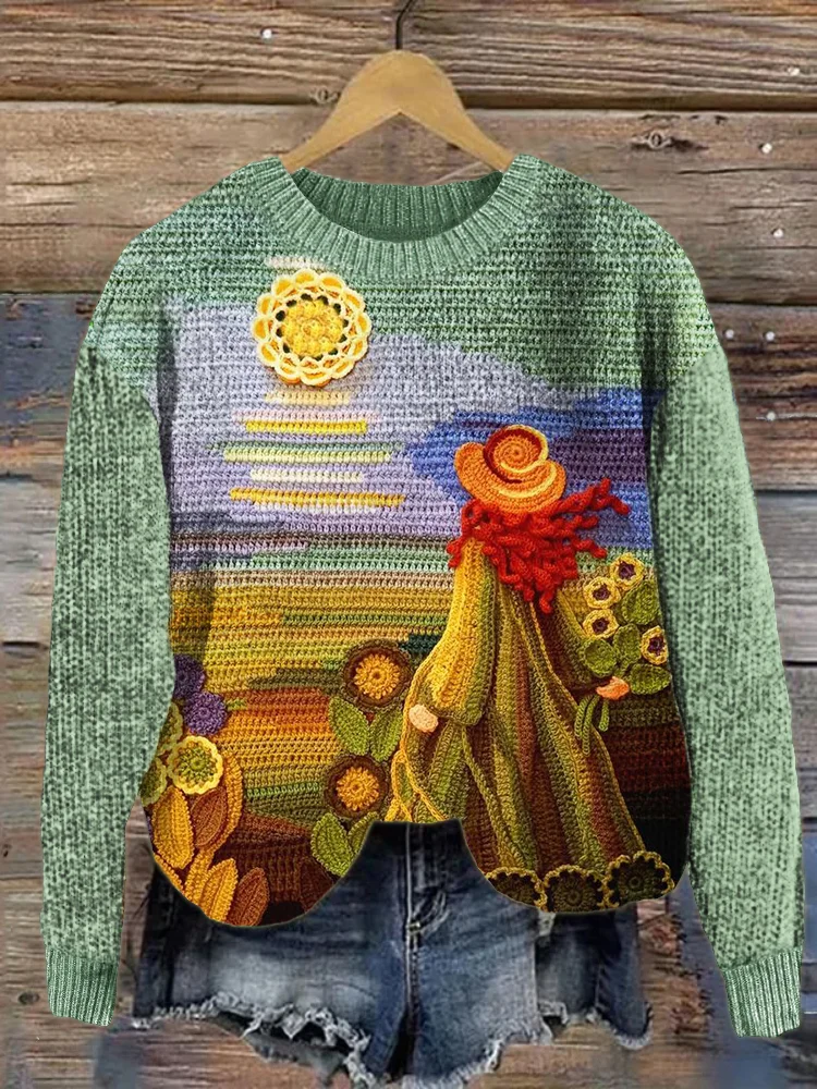 Cottage Girl in Flower Field Crochet Art Cozy Knit Sweater