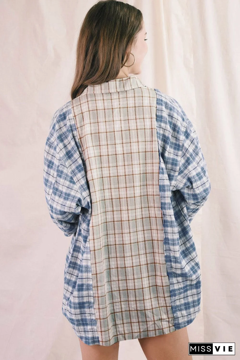 Plaid Color Block Pocket Button-up Long Sleeve Shirt