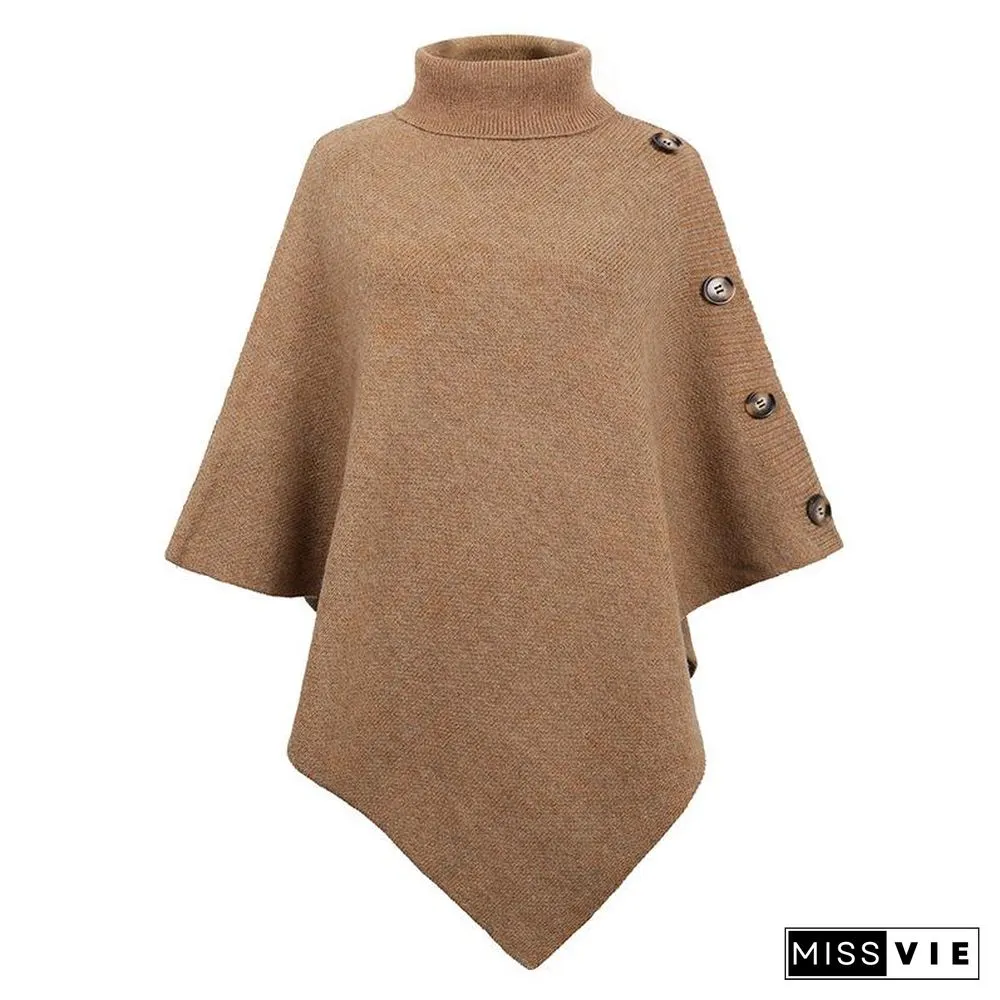 High Neck Plain Button Embellished Sweater Shawl