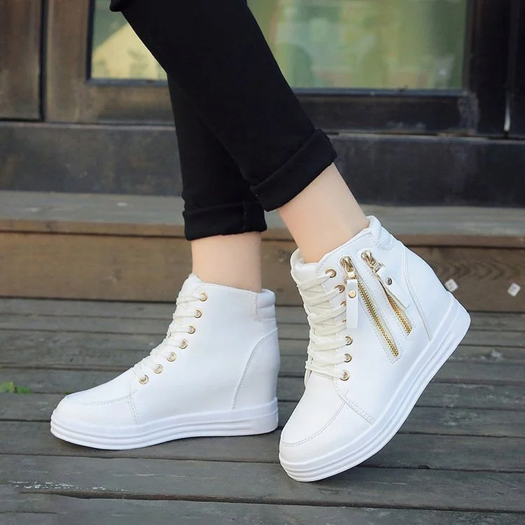 Qengg Women Wedge Platform Rubber Brogue Leather Lace Up High heel Shoes Pointed Toe Increasing Creepers White Sneakers Zippe