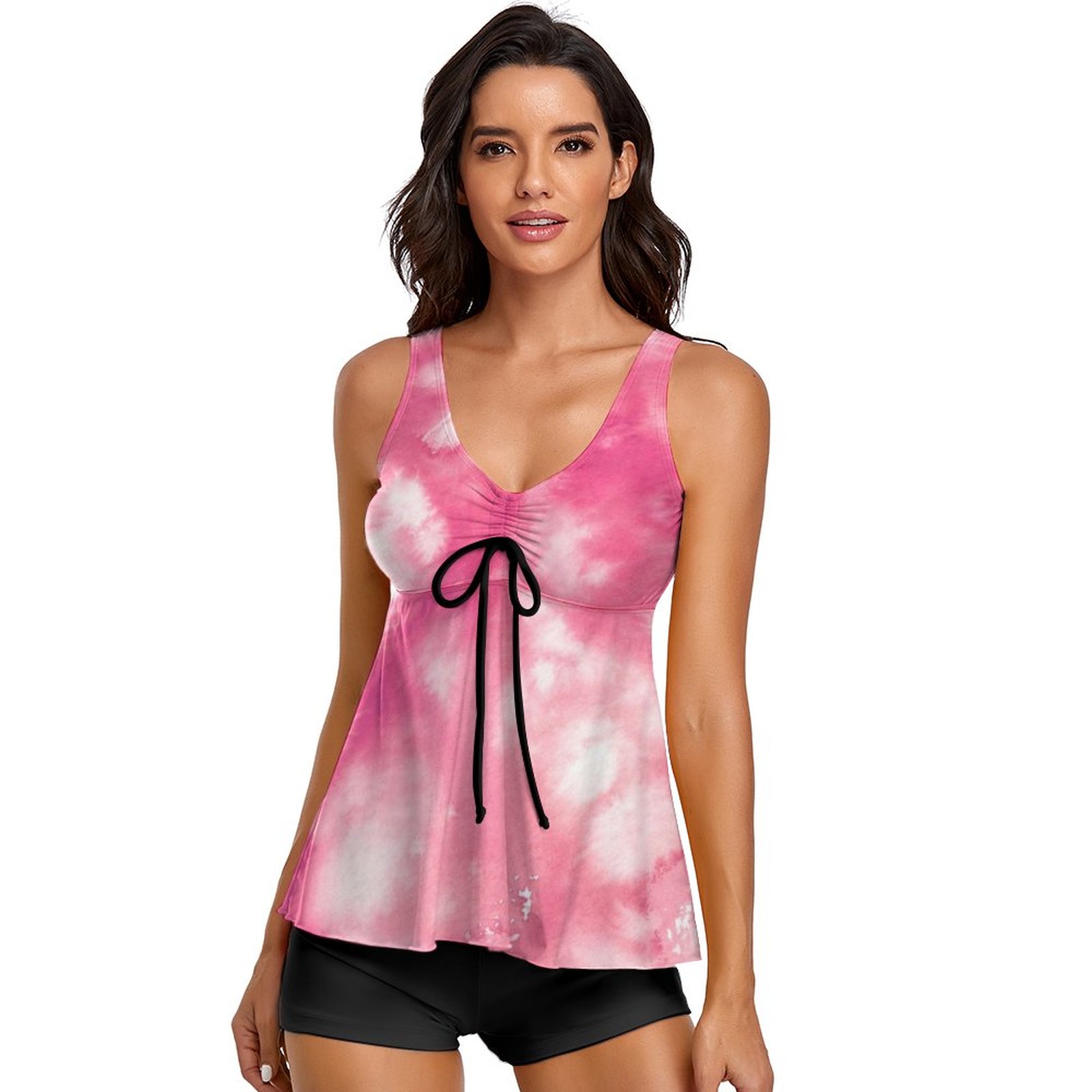 Women's Watercolour Two Piece Tankini Tummy Control Flowy Swimwear - Pink